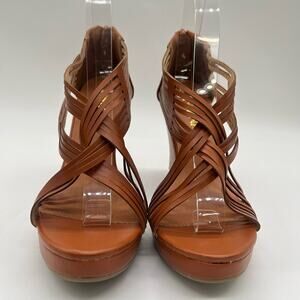 Diviana Sandal Womens 8.5 Brown‎ Kealie Criss Cross Cut Out Platform Wedges NEW